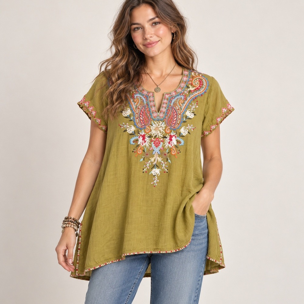 Johnny Was Tunic Top Embroidered Ramie Moss Green Boho Size S